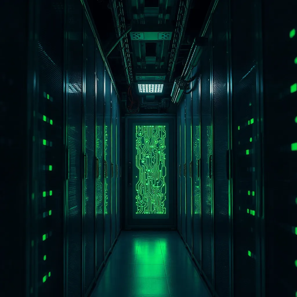 High-tech server room with glowing green lights, abstract di